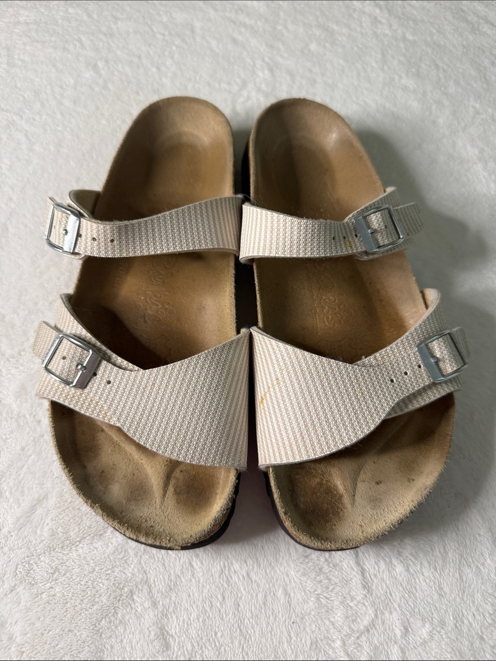Birki’s by Birkenstock Women’s Aziza Striped Sandals with Silver Buckle